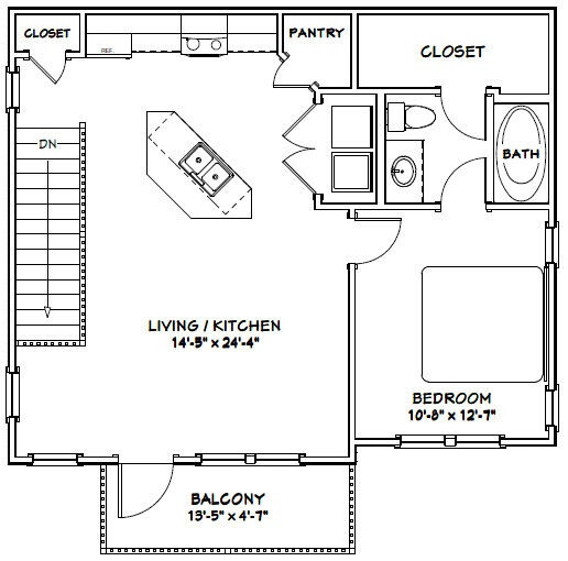 30×24 House — 1 Bedroom 1.5 Bath — 1,029 sq ft — PDF Floor Plan — Model 7
