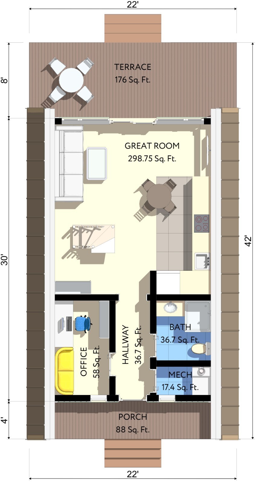 22’x42′ Tiny House Plan 1 Bed, 1 Bath Architectural Build Plans PDF Download