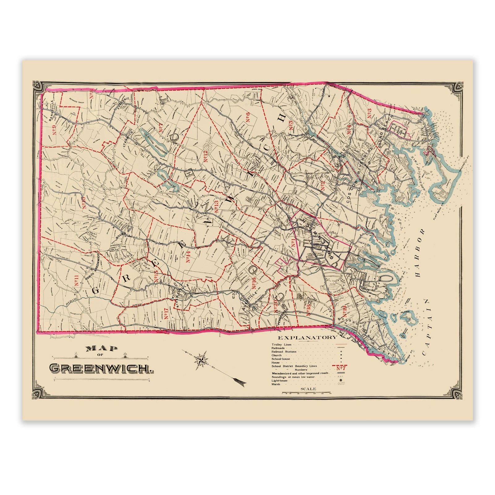 Map of Greenwich Connecticut Vintage Town Survey Historic New England Cartograph