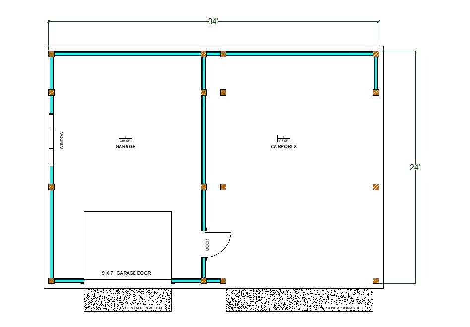 Timber Framed Garage plans with Carport, Massive Post Carport drawing