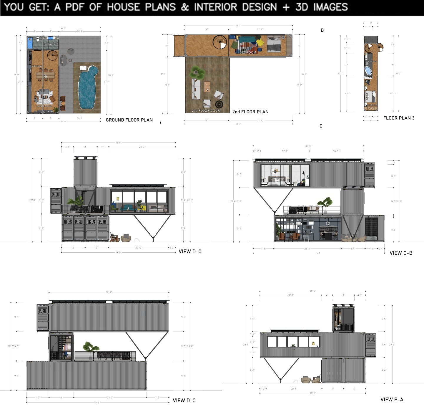 Container house plans – 2 bedrooms – 3 bathrooms – Digital PDF File
