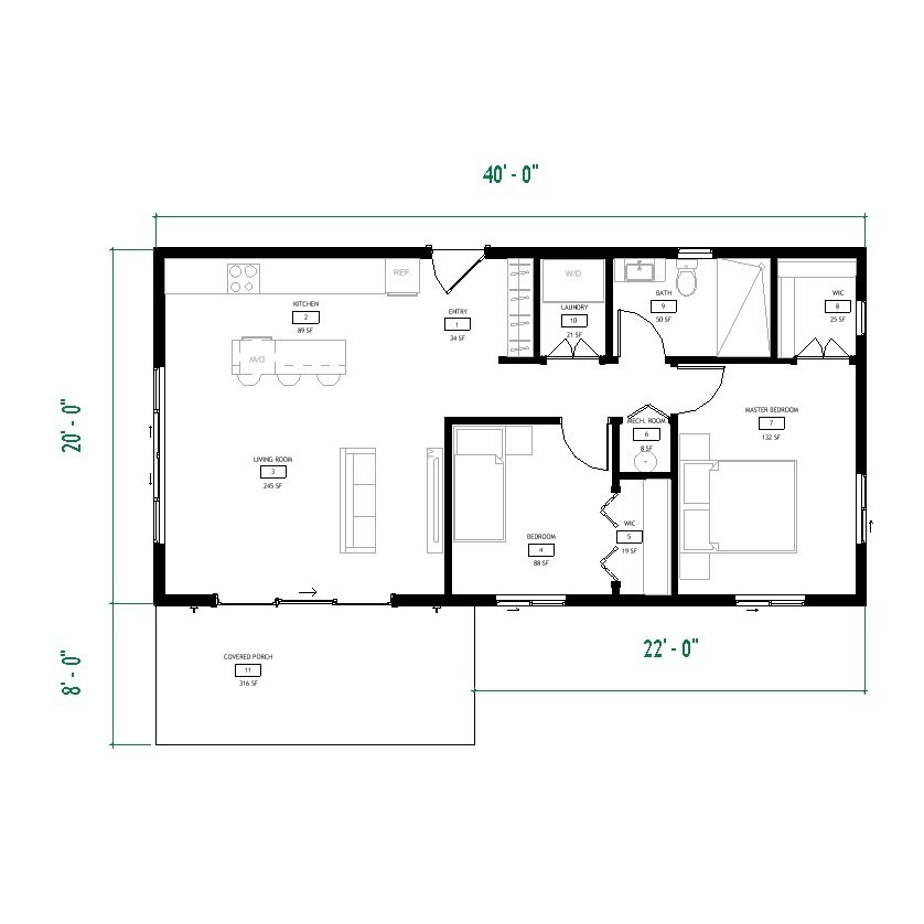 Cozy 2 Bedroom Cabin Plan with Covered Porch-20’x40′ Cottage Blueprints