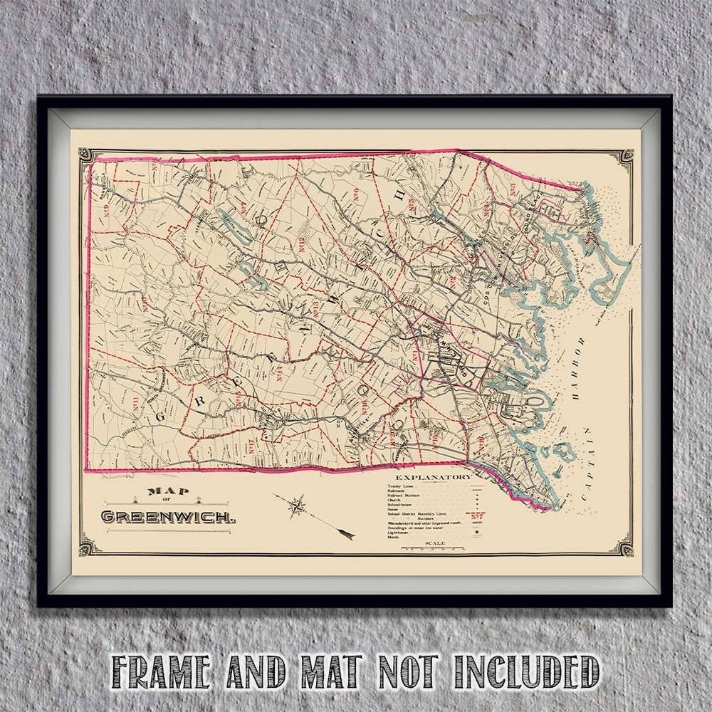 Map of Greenwich Connecticut Vintage Town Survey Historic New England Cartograph