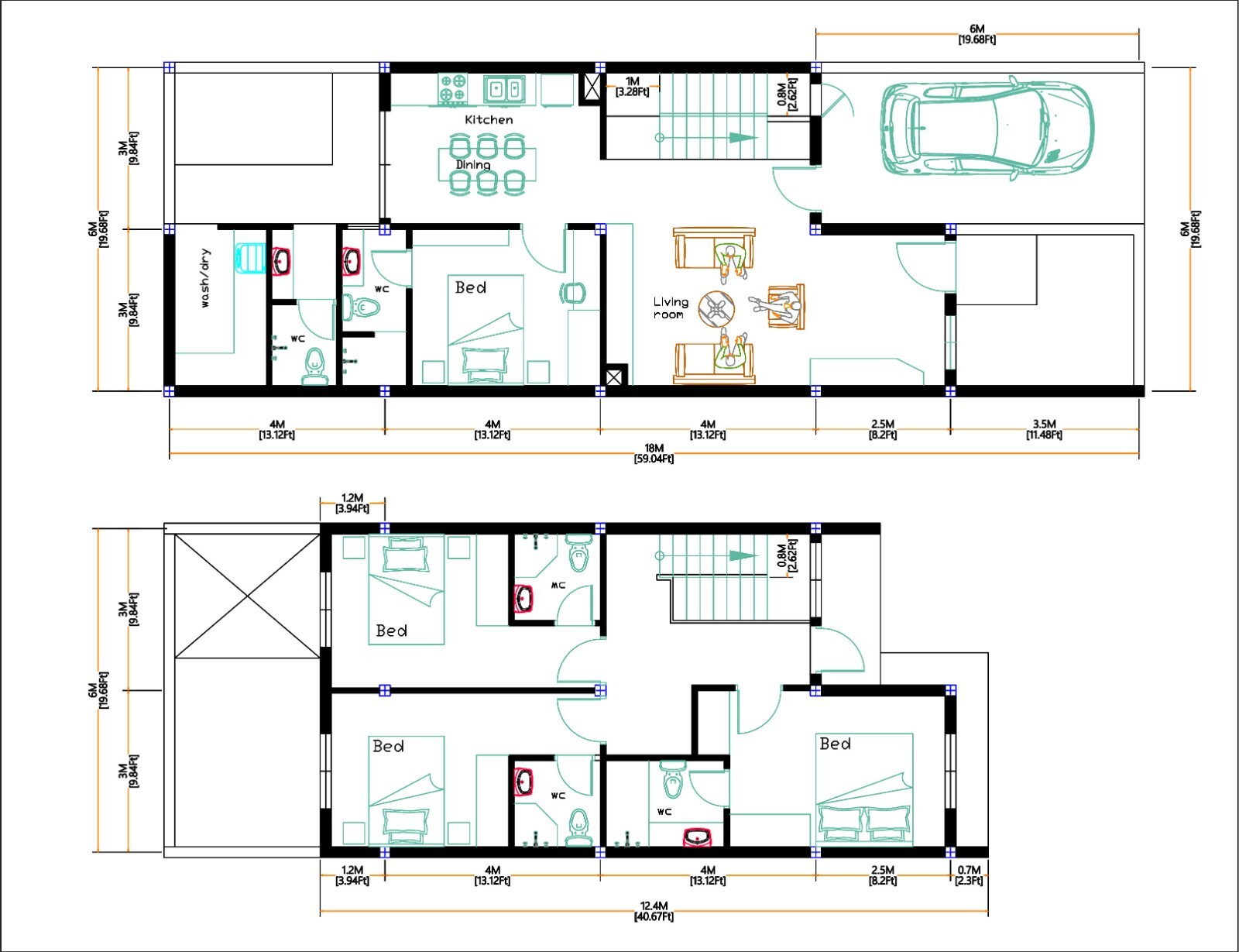 20×59 House Design Plan 6×18 Meter 4 Beds 5 Baths PDF (A4 Printed Plans)