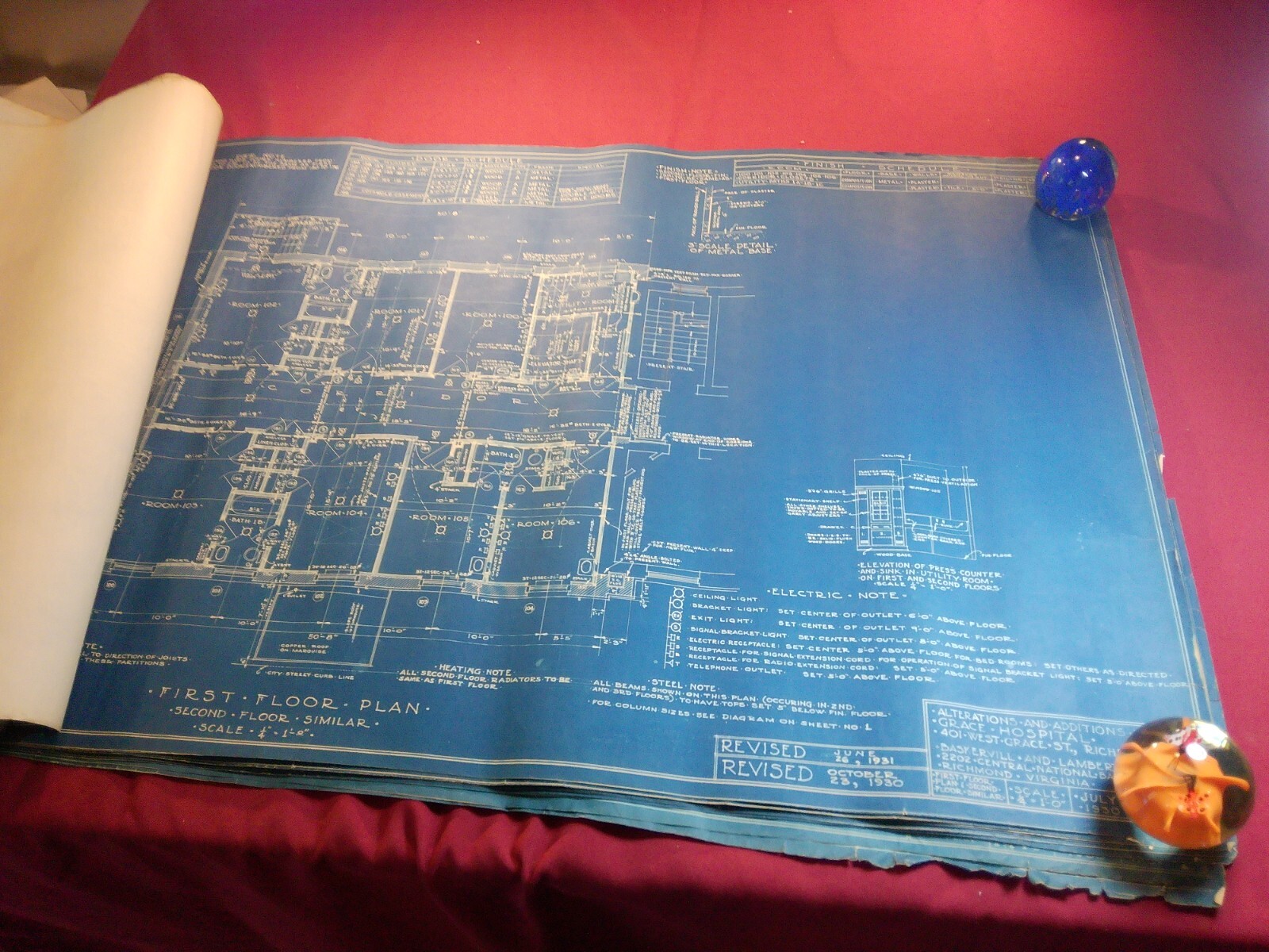 JULY 1930 Baskervill & Lambert Architects Blueprints, Grace Hospital Richmond VA