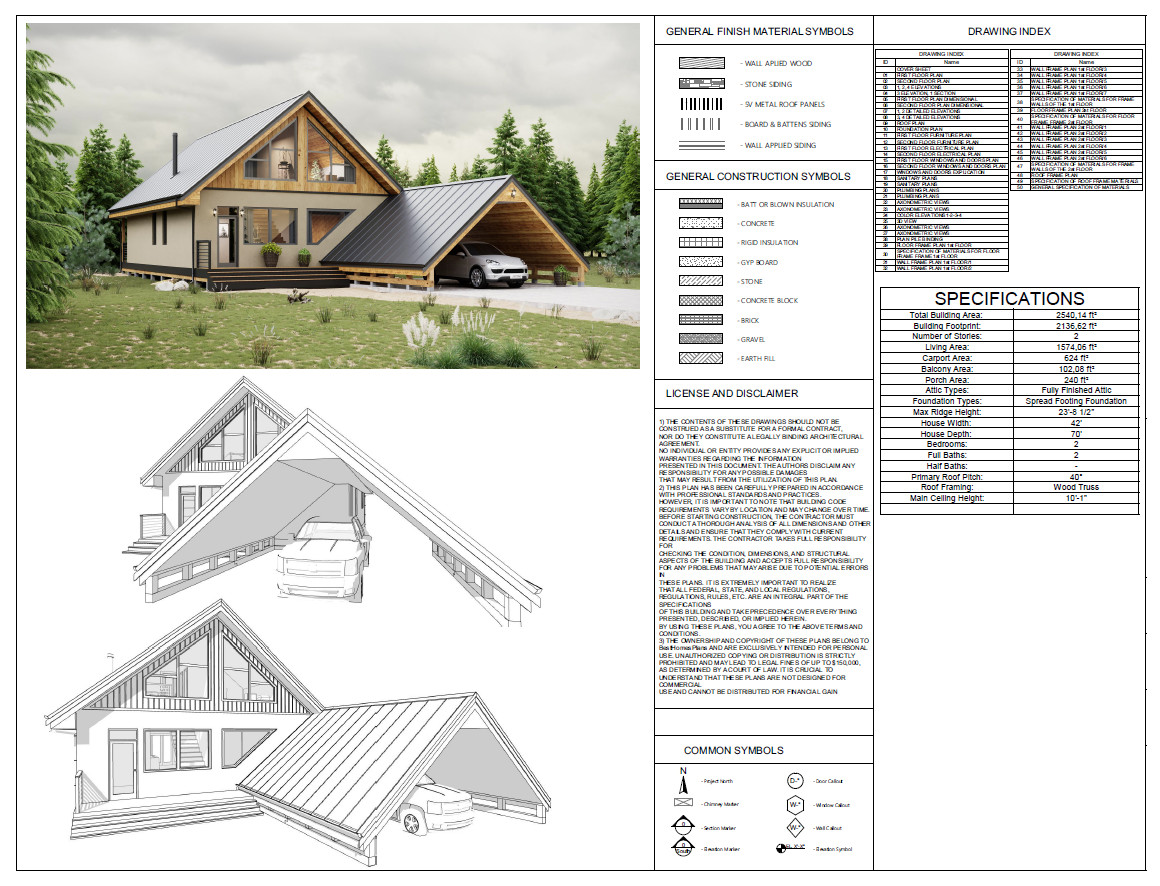 42’x70′ 2 Bed, 2 Bath A-Frame Cabin Architectural Build Plans PDF Download