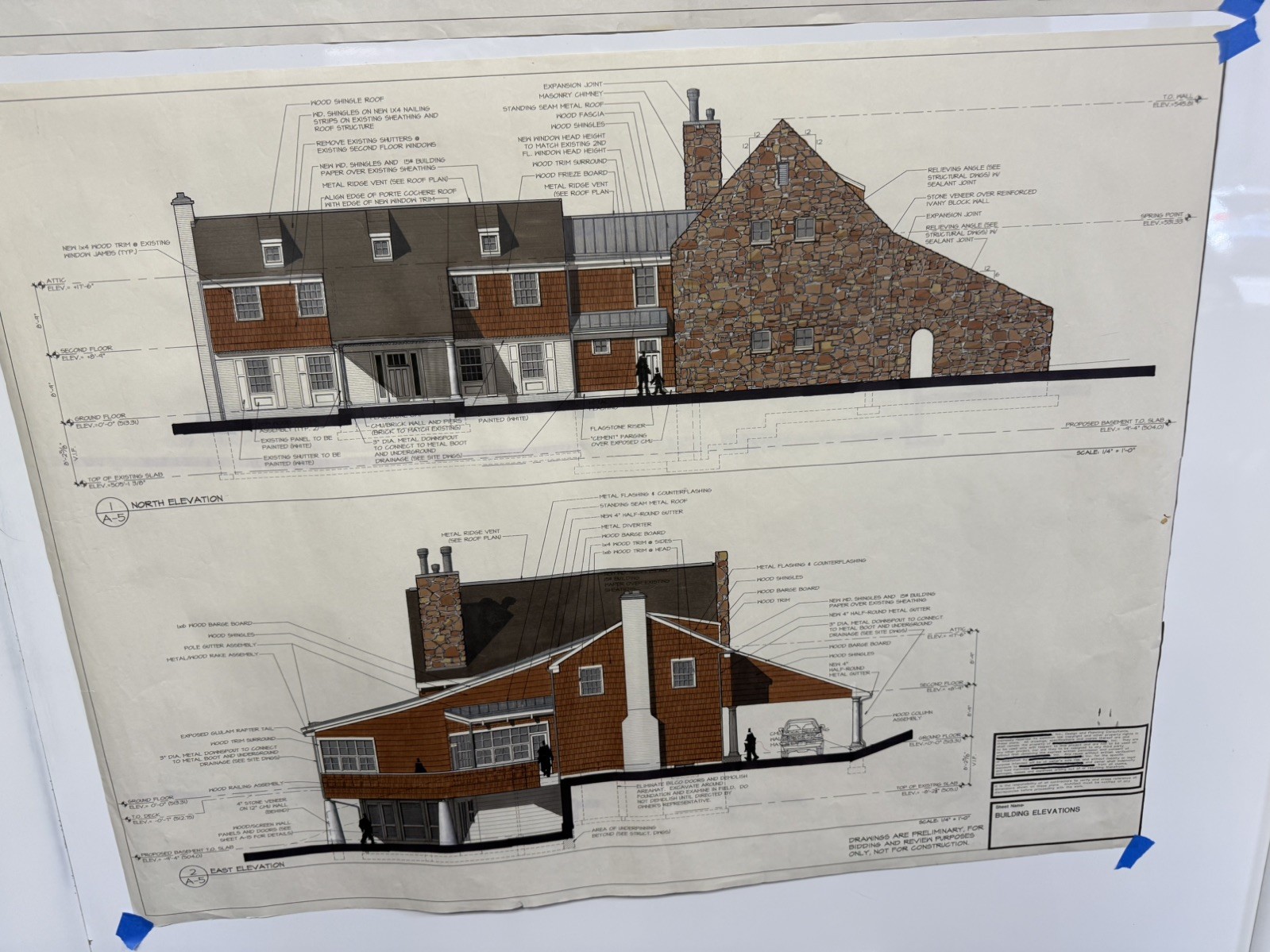 Architectural Renderings 4 Sheets Hand-Colored Elevations 30×42 Design Drawings