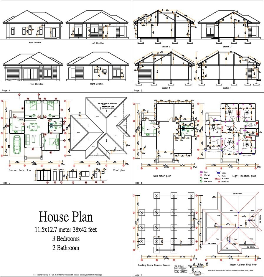 38×42 Feet House Plans 11.5×12.7 Meter 3 Bed 2 Bath Hip Roof PDF (A4 Hard Copy)