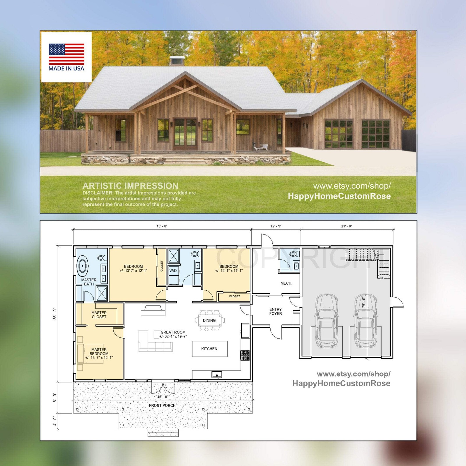Cypress Barn Modern Ranch House – 82′ x 35′ House Plan Design – 3 Bed 2.5 Bath 1