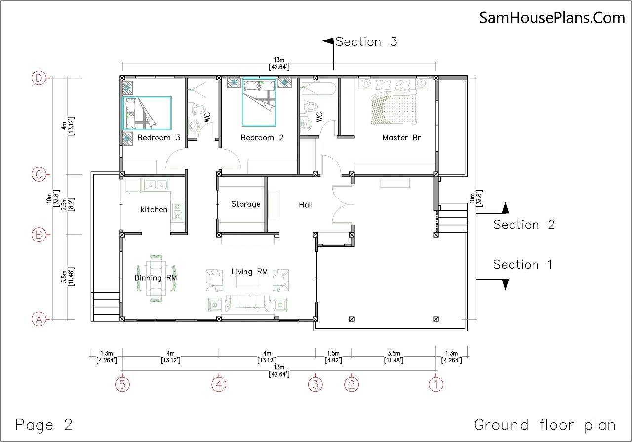 Modern House Plans 10×13 Meter 33×43 Feet 3 Beds 2 Baths Concrete Slab Hard Copy