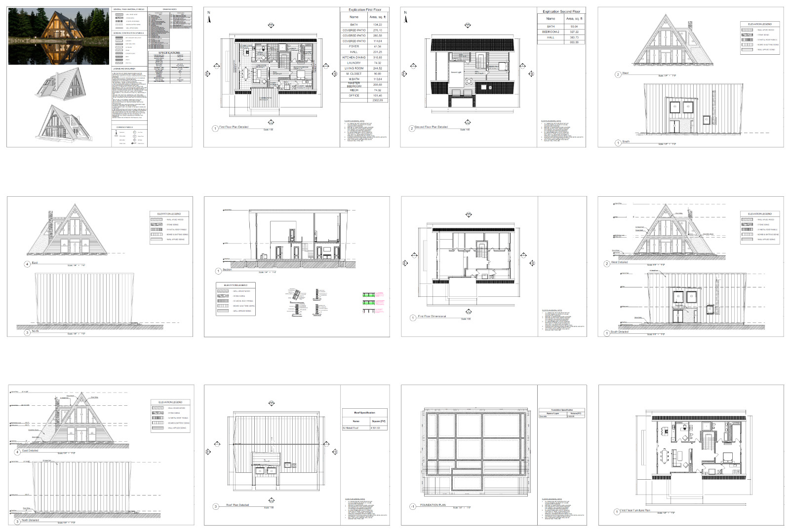 64’x50’ 2-Beds 3-Baths Charming A-Frame Architectural Plans CAD FILES Download