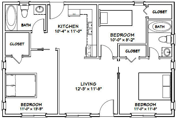 36×24 House — 3 Bedroom 2 Bath — 864 sq ft — PDF Floor Plan — Model 5A