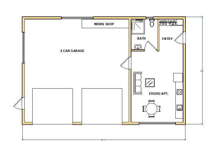24’x36′ Modern Garage plans with Studio Apartments, 2 Car Architectural Drawings