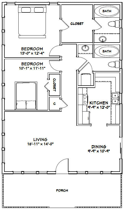 28×40 House — 2 Bedroom 2 Bath — PDF Floor Plan — 1,120 sq ft — Model 1C