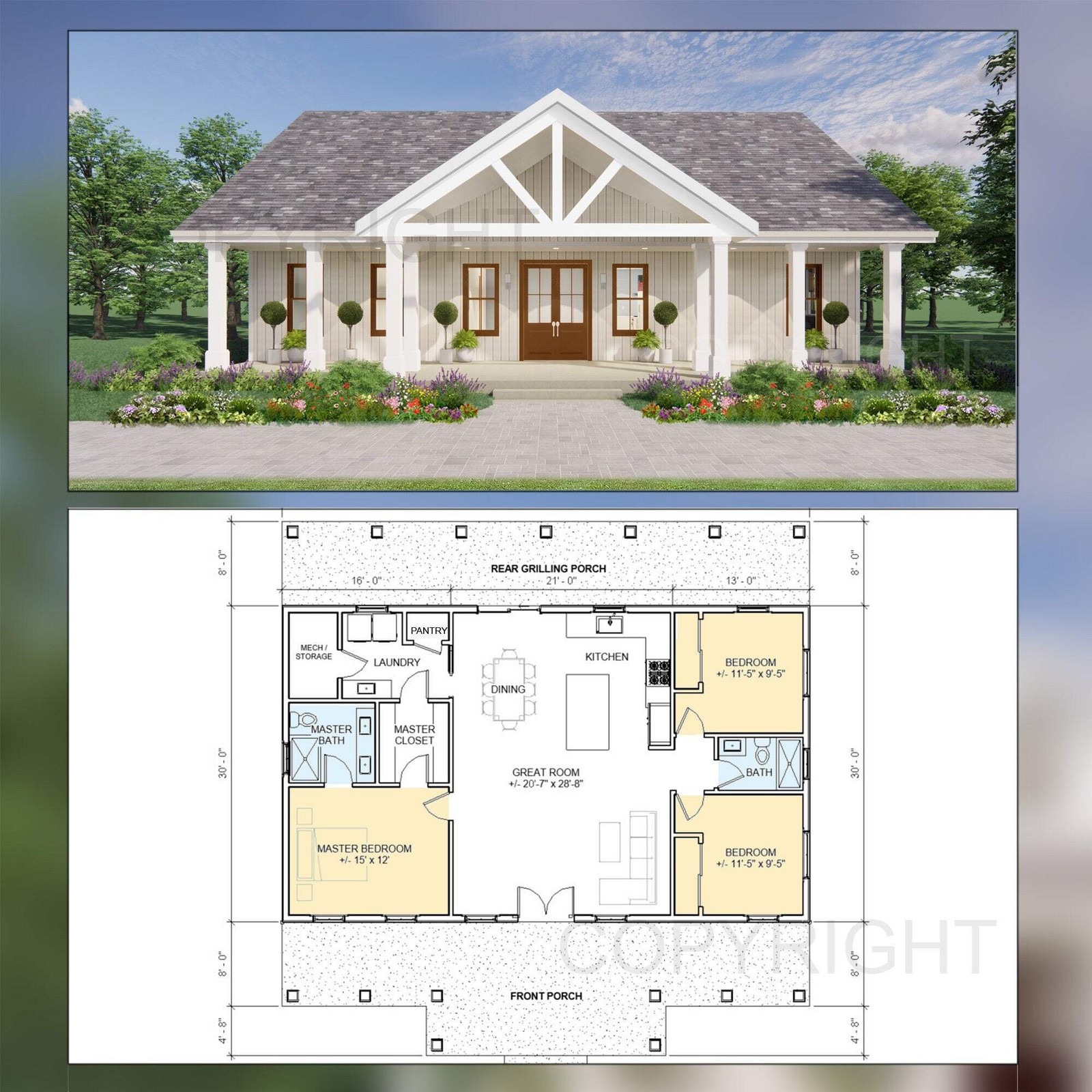 Oak Springs Farmhouse House Plan – 1500 SF, 3 Bed 2 Bath – Modern Open Floor Pla