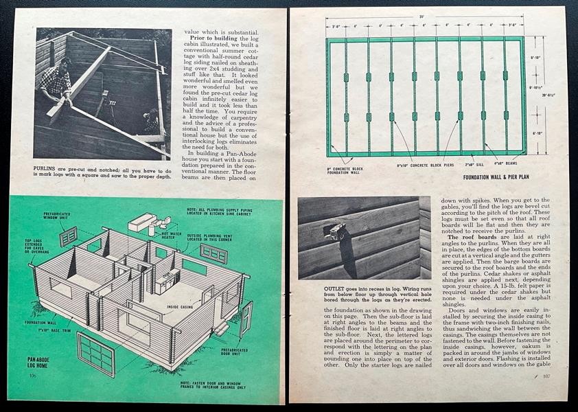 Log Cabin Home Camp 20’ x 30’ 1961 HowTo Build Design PLANS Custom Pre Fab