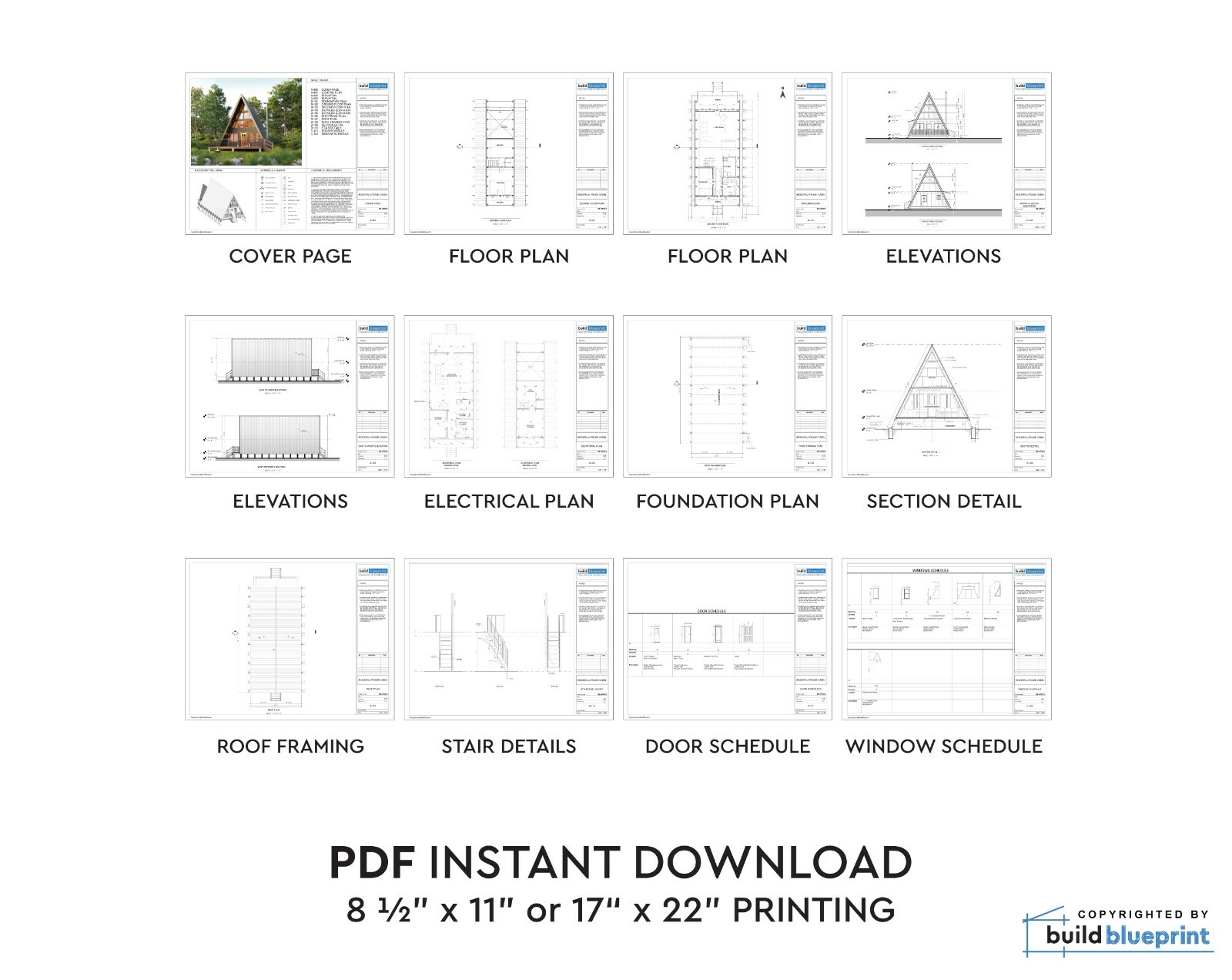 24′ x 36′ Modern A-Frame Cabin Architectural Plans Blueprint PDF Download