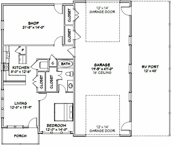 46×48 House – 1 Bedroom 1 Bath 1 RV – 1,157 sqft – PDF Floor Plan – Model 1D