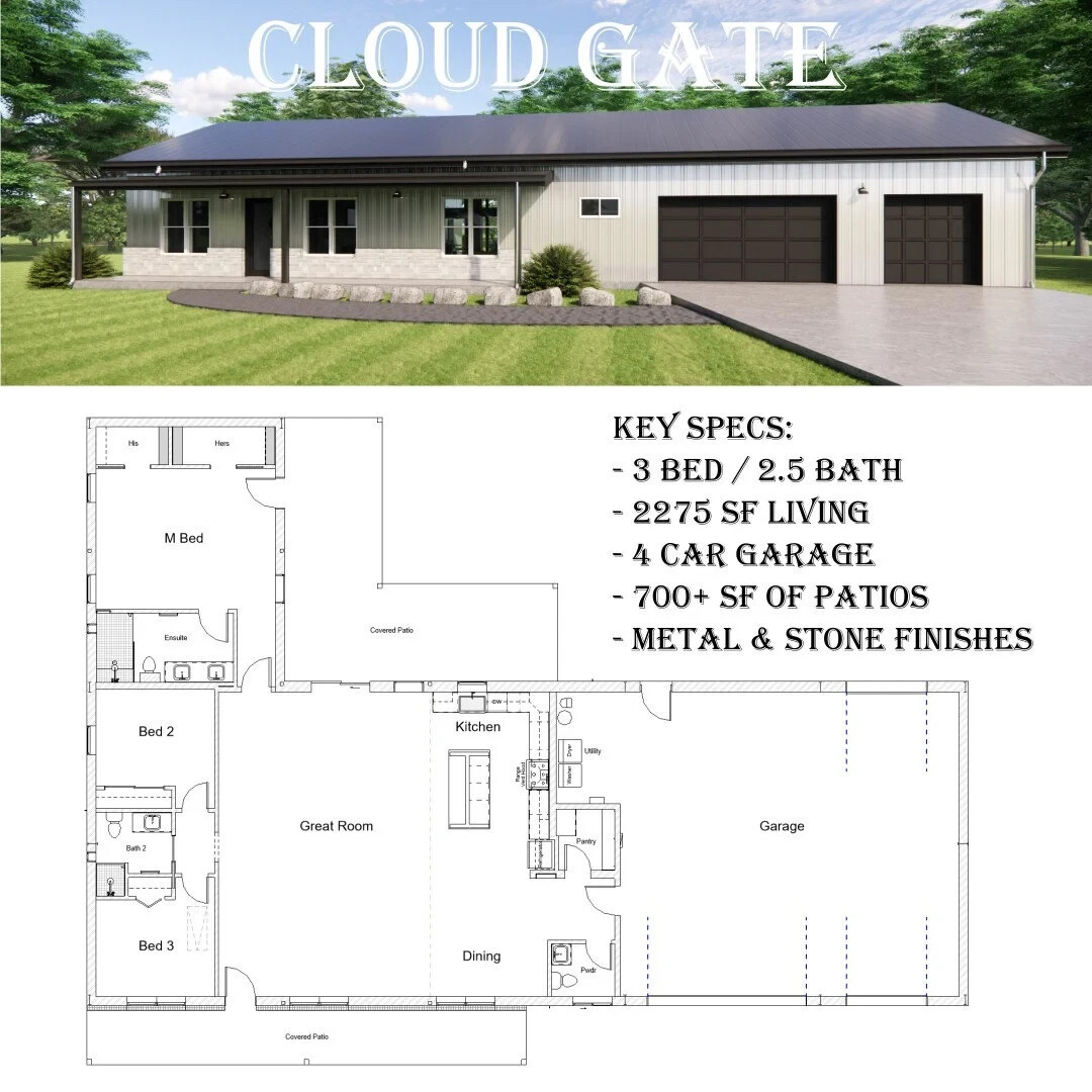 The Cloud Gate Barndominium – 3 Bedrooms / 2.5 Baths 2,275 SF Design Blueprints
