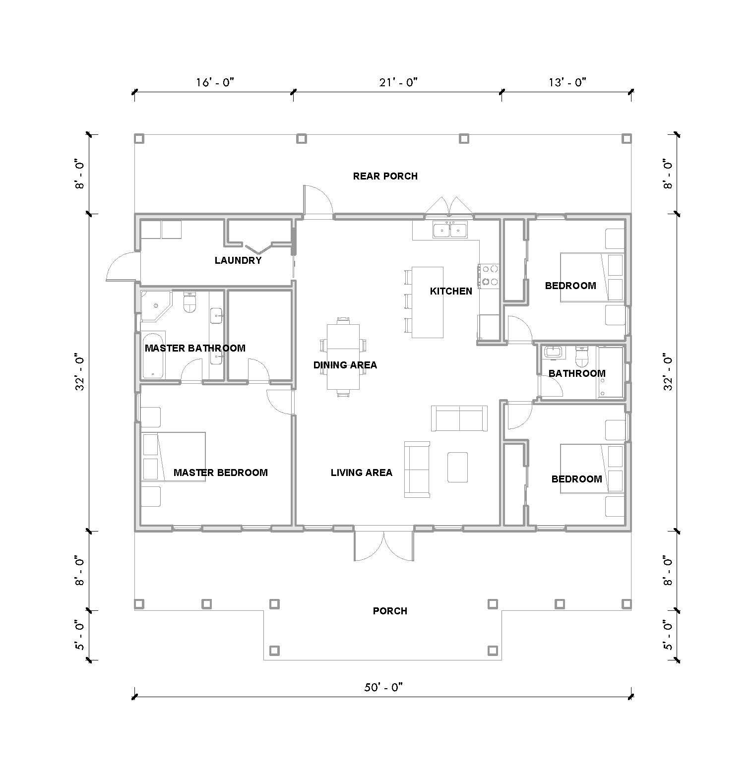House Plan, 3 Bedroom 2 Bath with Front & Rear Porch, 1600 sq ft | PDF DOWNLOAD