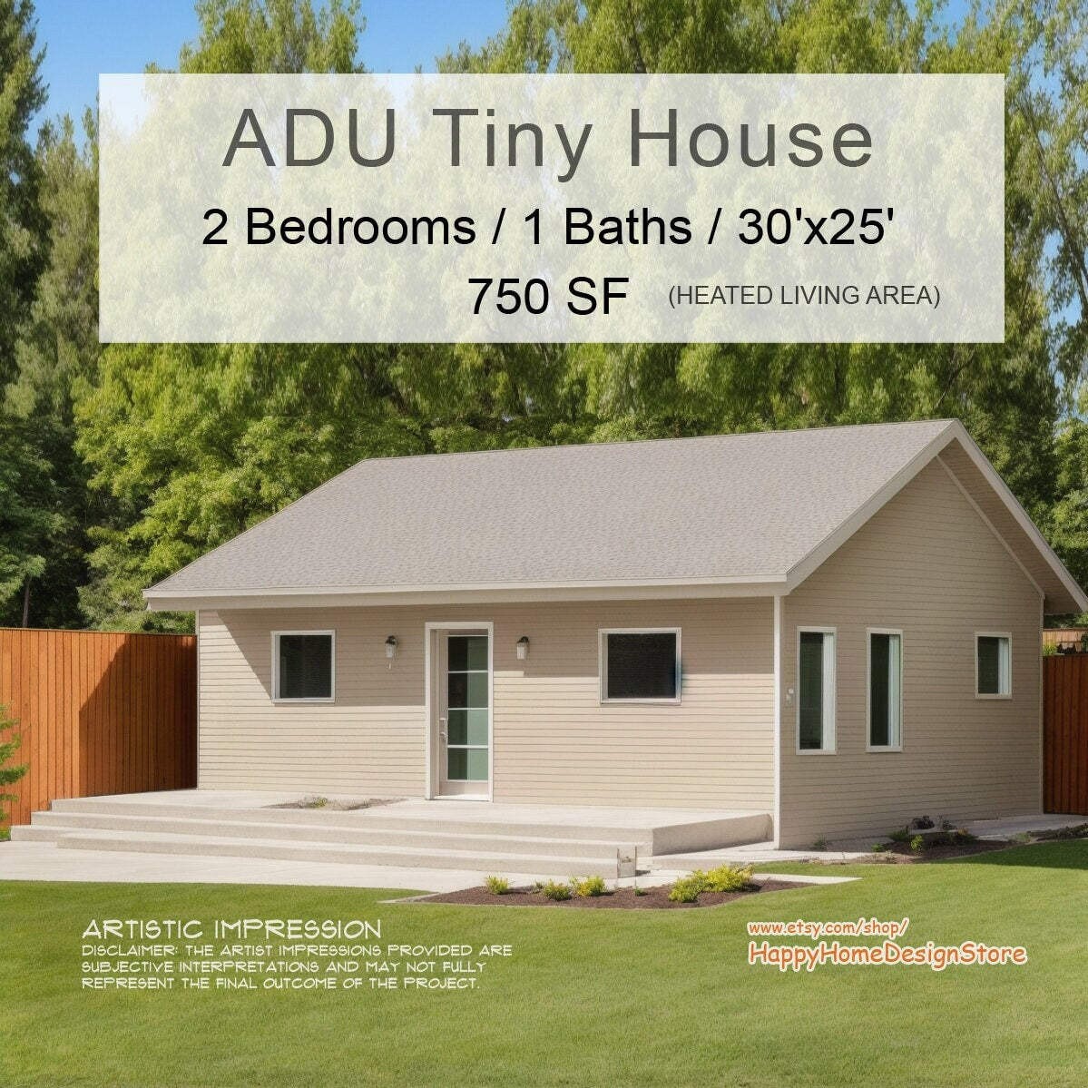 ADU Tiny House Cabin 2 bed 1 bath (30’x25′) 750SF Custom House Plans and Bluepri