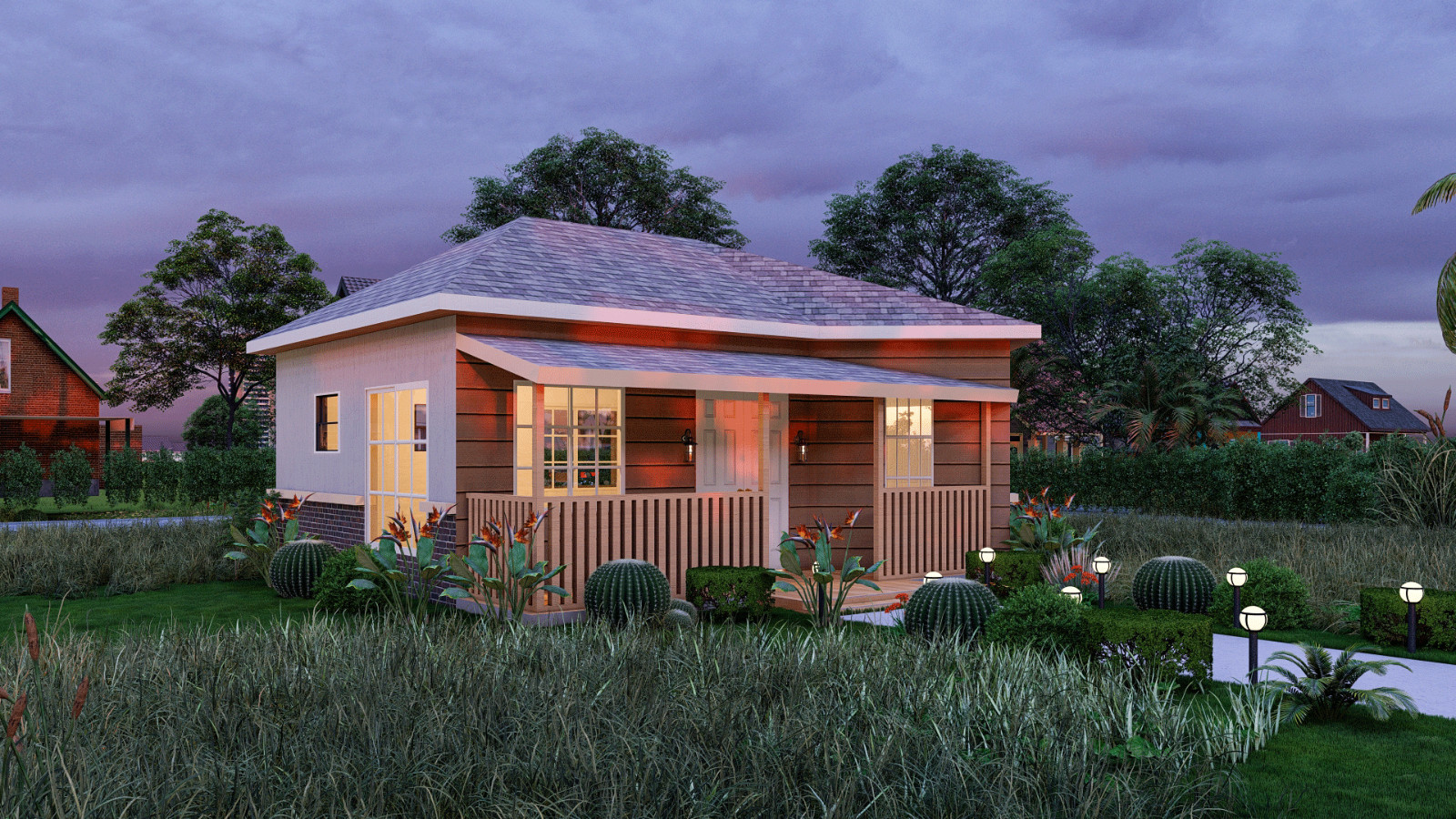 522 Sq Ft 2-Bedroom Tiny Home Design Plans with Porch, Kitchen & Shared Washroom