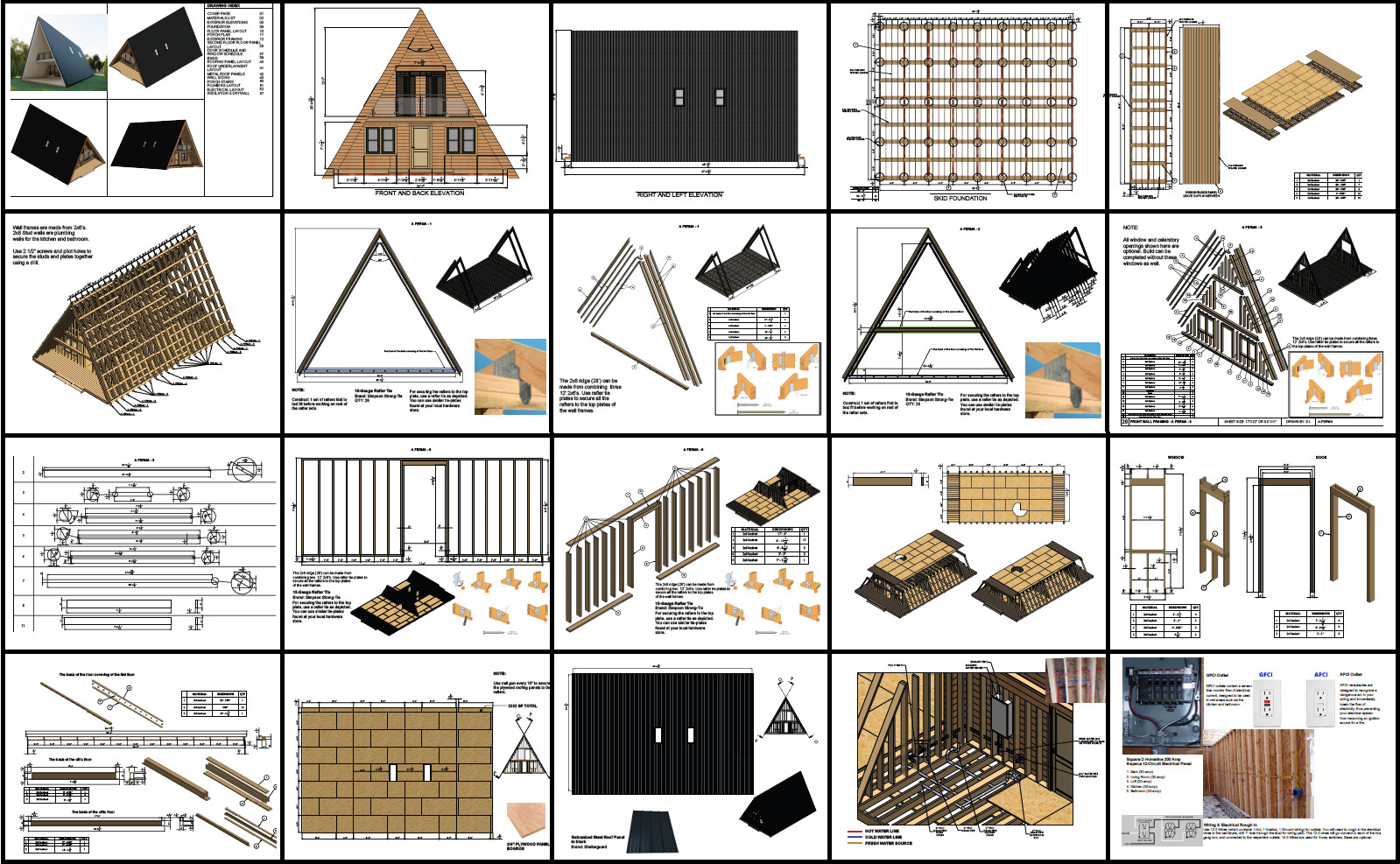 26X47 Modern DIY A-Frame Cabin Architectural Build Plans, 38 detailed pages PDF