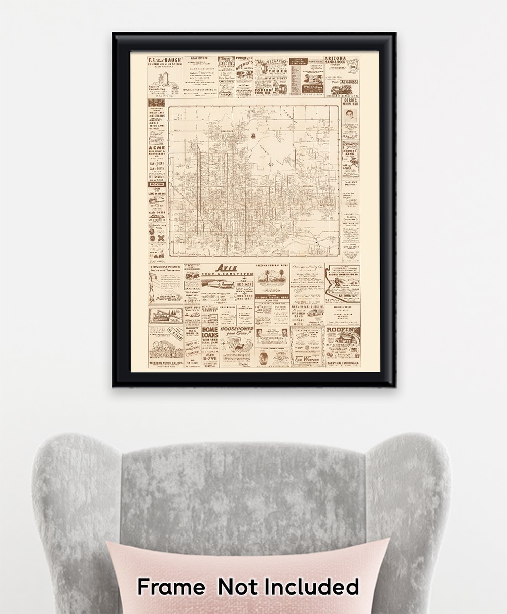 Phoenix Arizona Vintage City Map Mid Century Street Plan with Historic Ads