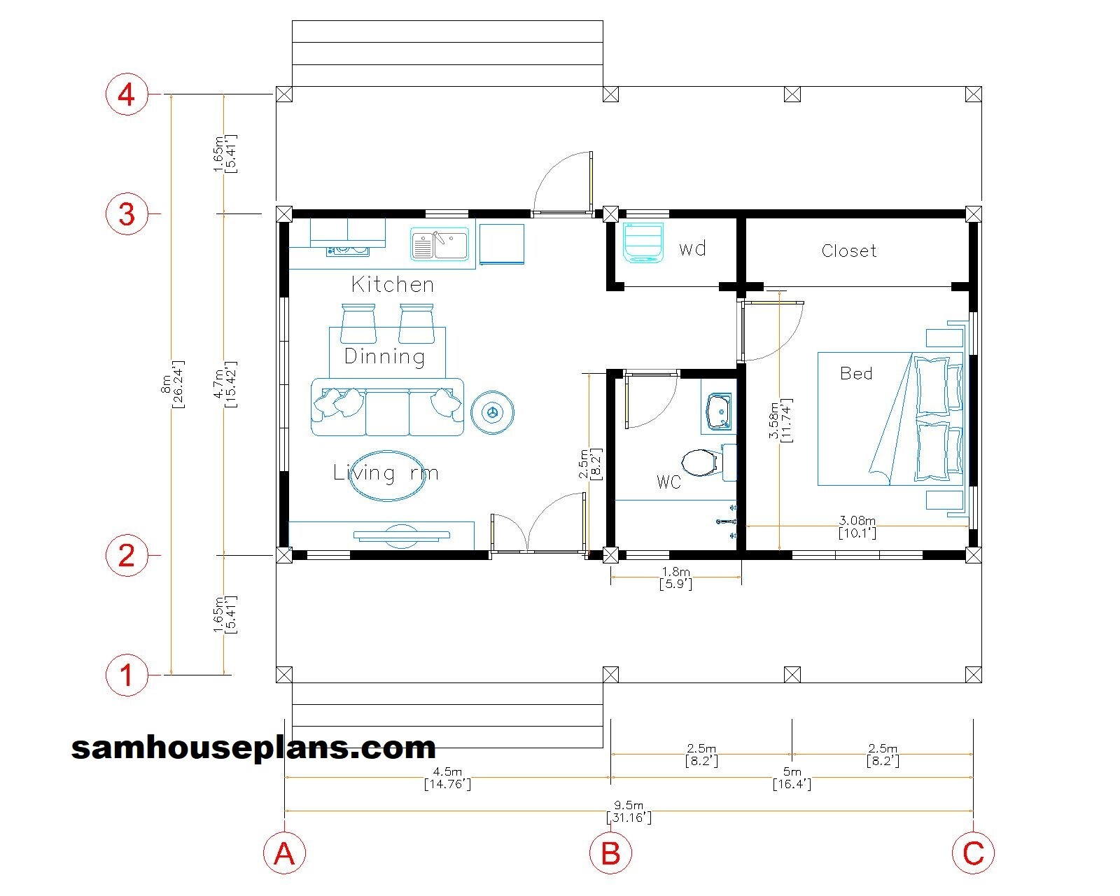 Small House Plans 32×16 Feet 9.5×8 Meter 1 Bed 1 Bath Hip Roof (A4 Hard Copy)