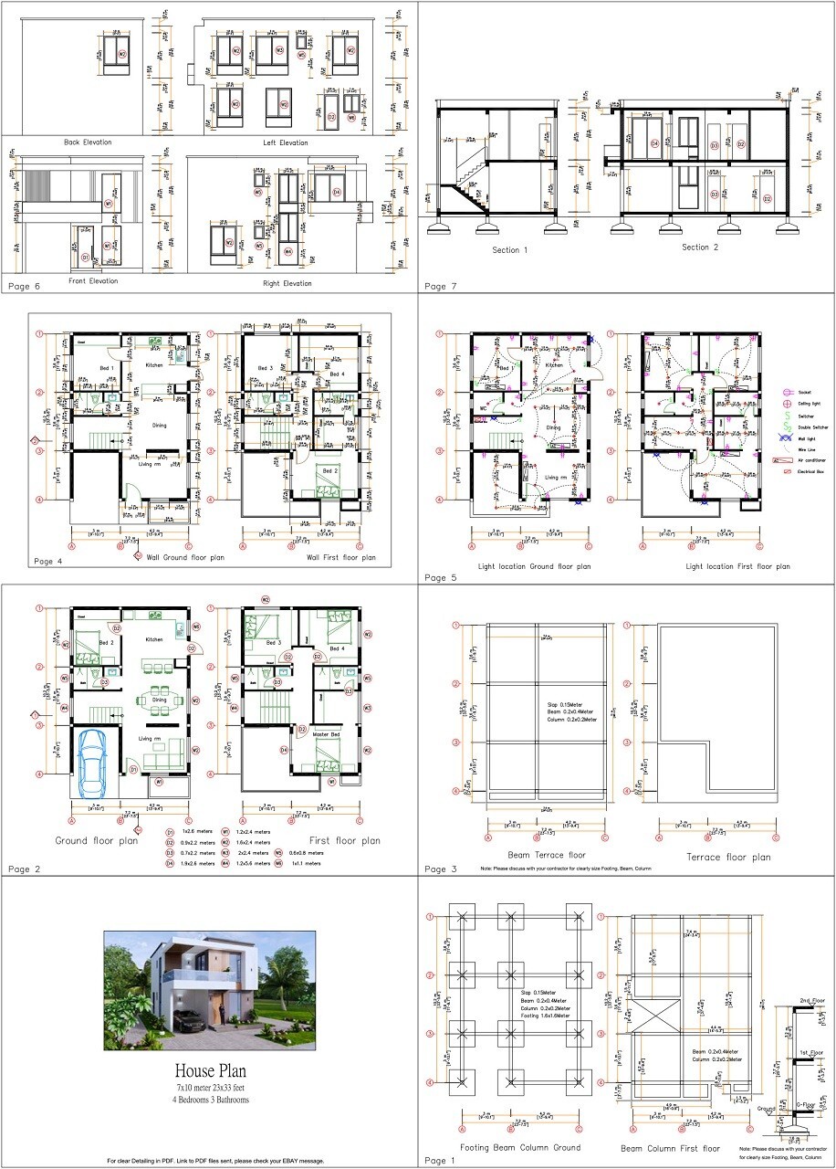 House Plans 7×10 Meter 23×33 Feet 4 Bed 3 Bath Terrace Roof PDF & A4 Hard Copy