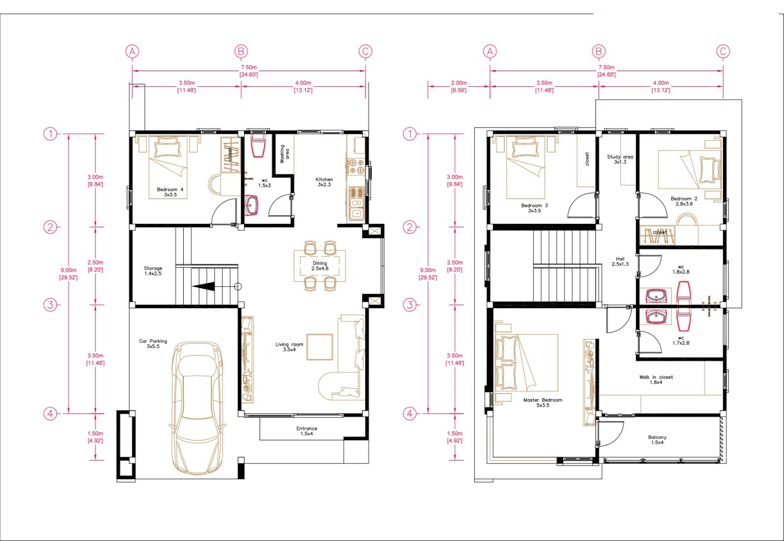 25×35 Small House Plan 7.5×9 Meter 3 Bedrooms PDF Full Plans (A4 Hard Copy)