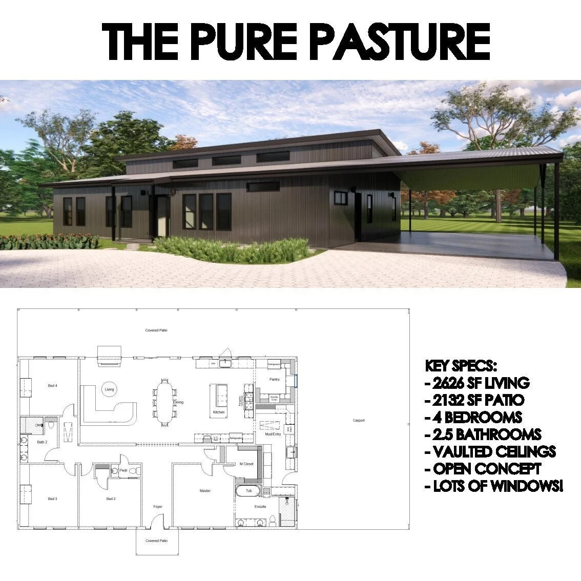 The Pure Pasture Barndominium: 4 Bedrooms / 2.5 Baths 2,626 SF Design Blueprints