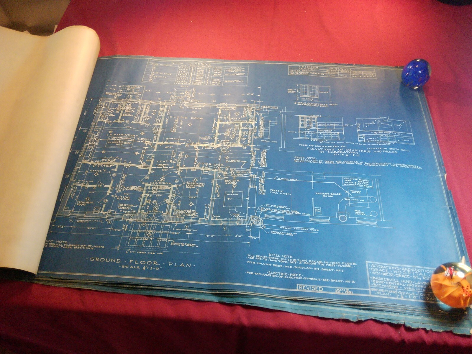 JULY 1930 Baskervill & Lambert Architects Blueprints, Grace Hospital Richmond VA