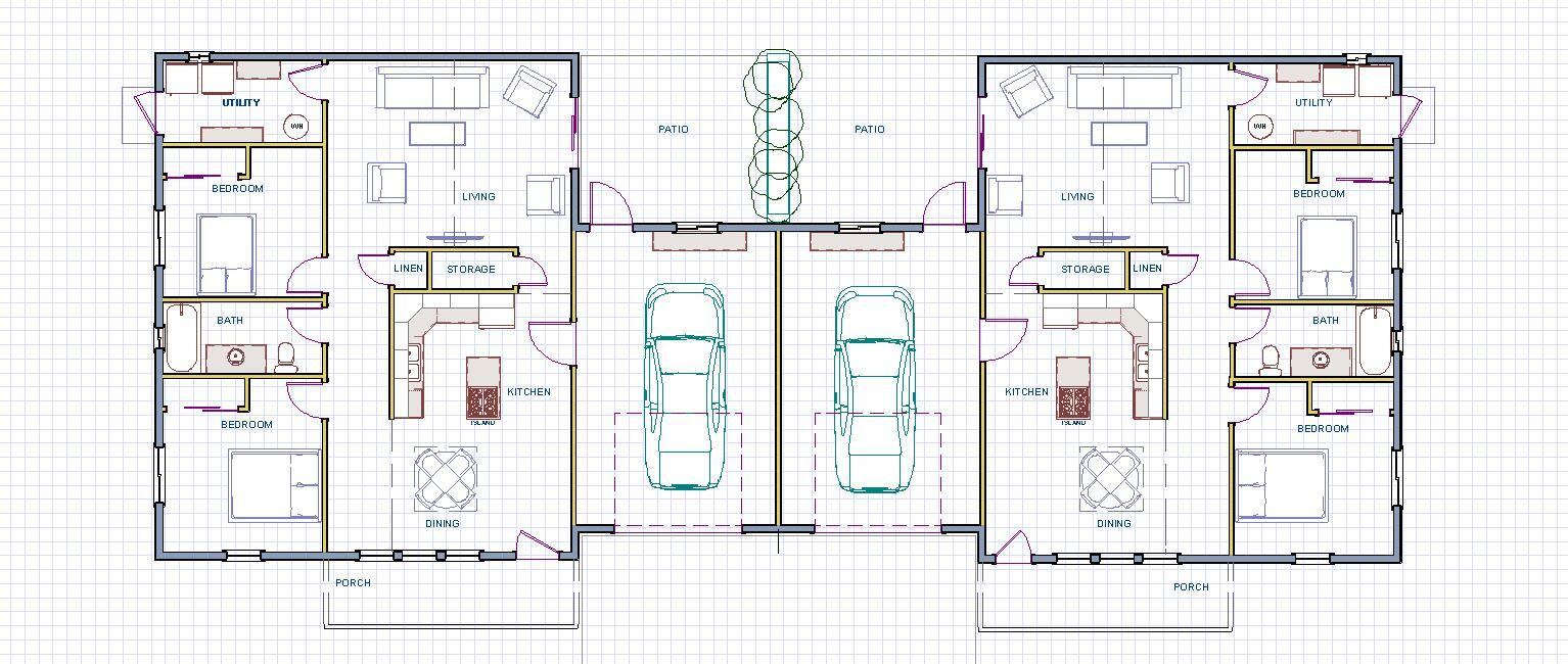 Duplex House Plans 2160 total sq.ft. 2 bedrooms each side. PDF files available.