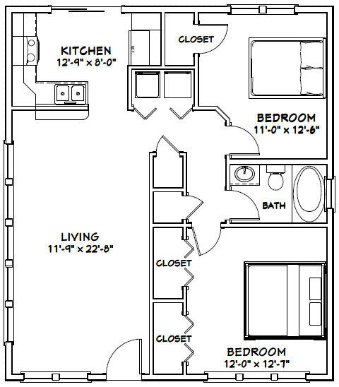 28×32 House — 2 Bedroom 1 Bath — 896 sq ft — PDF Floor Plan — Model 3O
