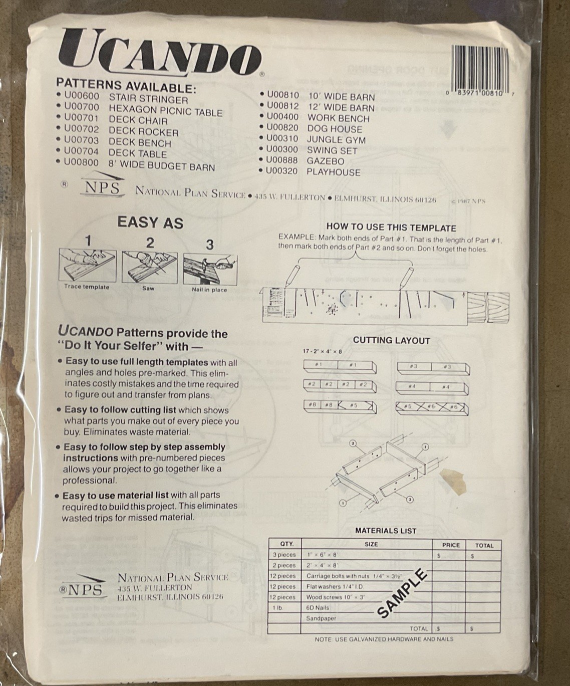 UCANDO U00810 10’ Wide Barn Plans Rebagged With Material List NOS W/Templete