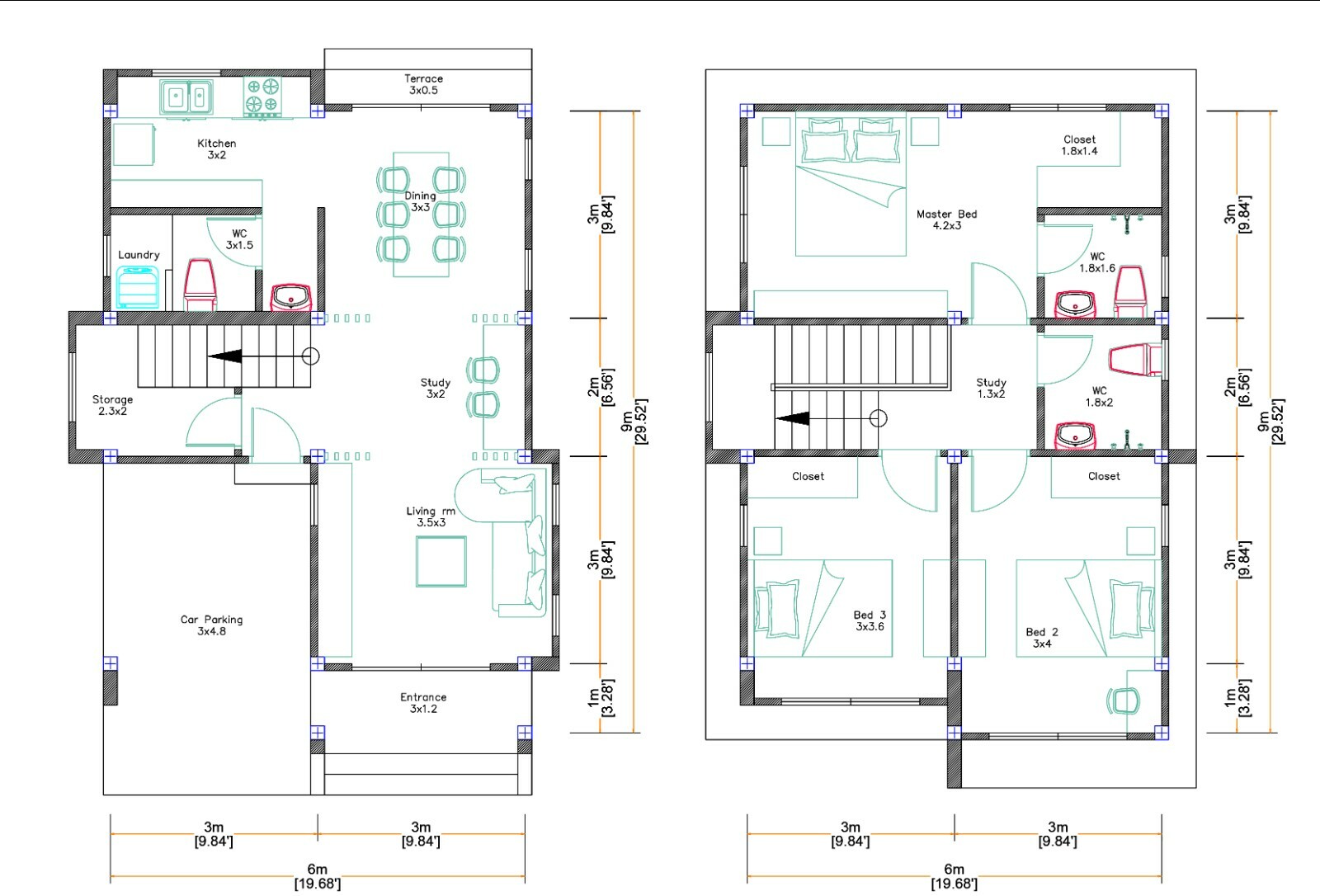 20×30 Feet Small House Plan 6×9 Meter 3 Beds 3 Baths Hip Roof PDF (A4 Hard Copy)