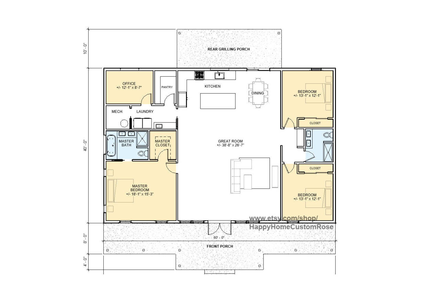 Farmhouse Barndominium – 40′ x 60′ House Plan Design – 3 Bed 2 Bath – Drawings B