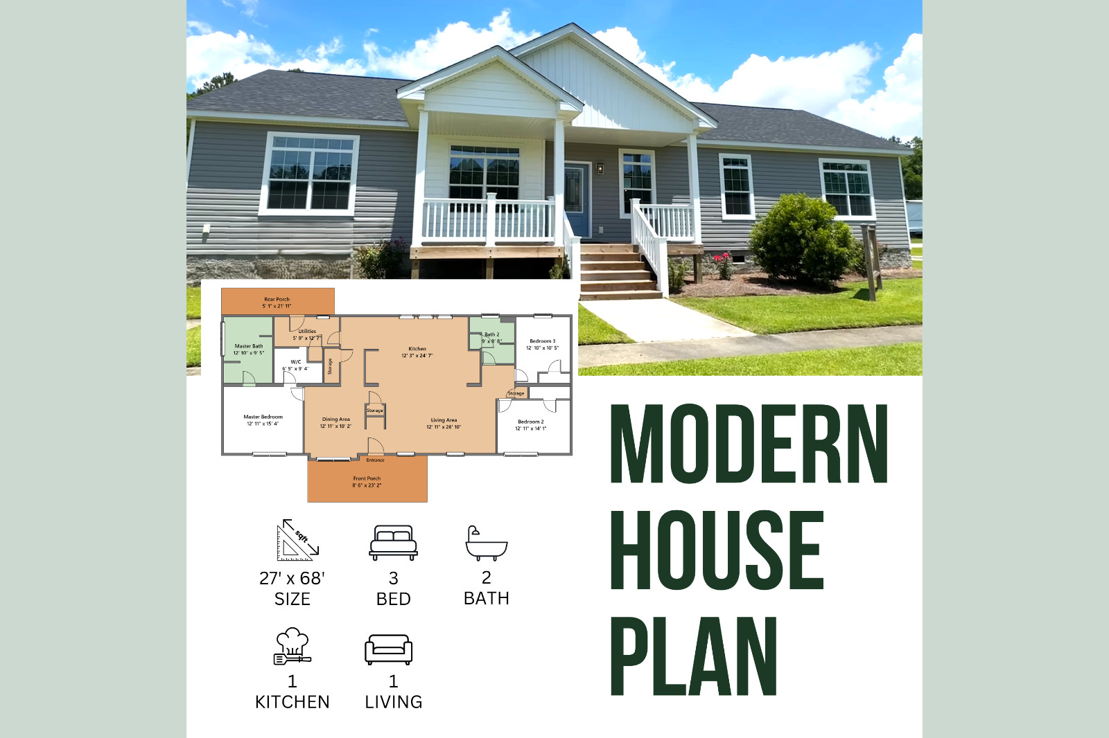 27 x 68 Modular House Floor Plan 3 Bedroom 2 Bath 1,800 sq ft PDF Floor Plan