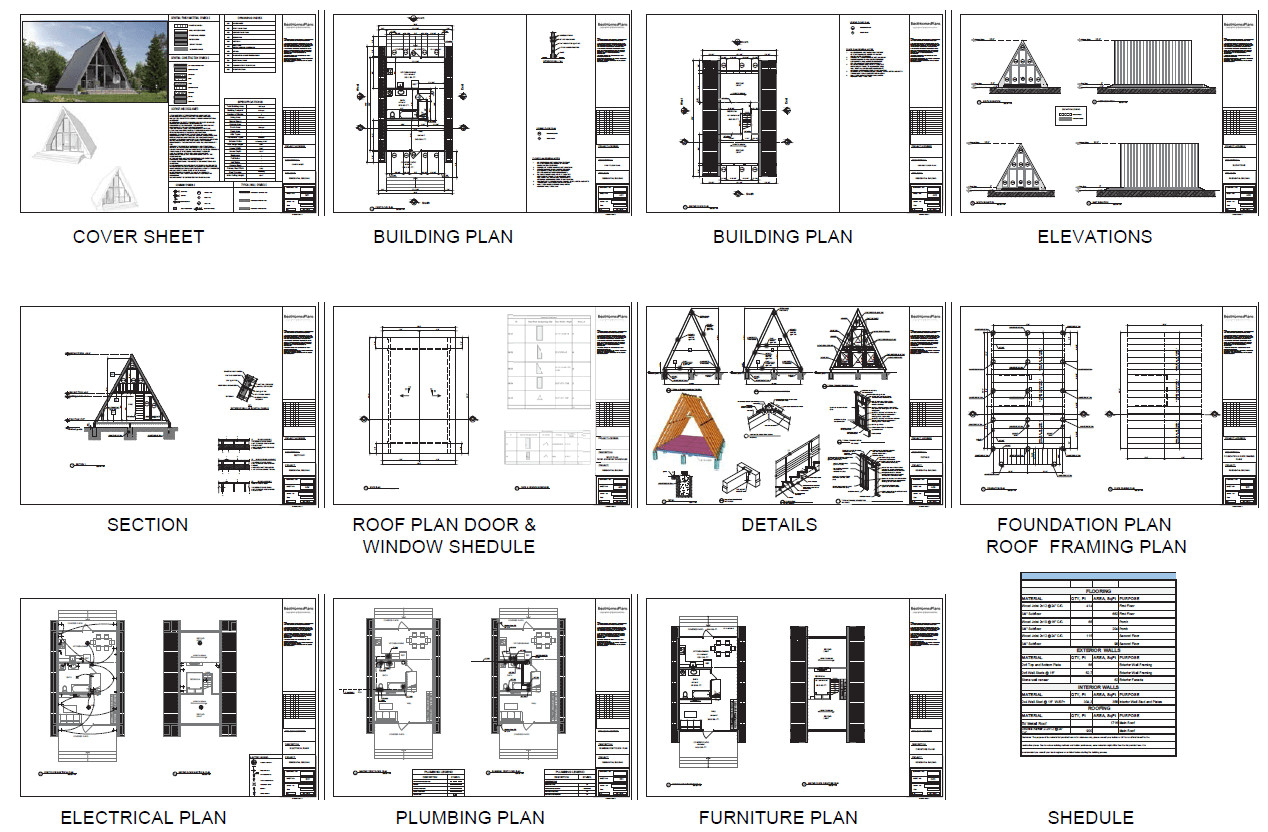 23’x41’ 1 Bed 1 Bath Modern A-Frame Cabin Architectural Build Plans PDF Download