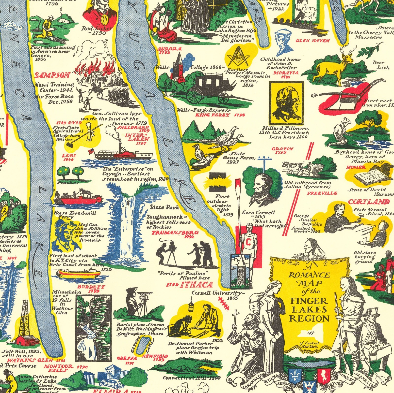 Finger Lakes New York Illustrated Map Vintage Pictorial Regional History Artwork