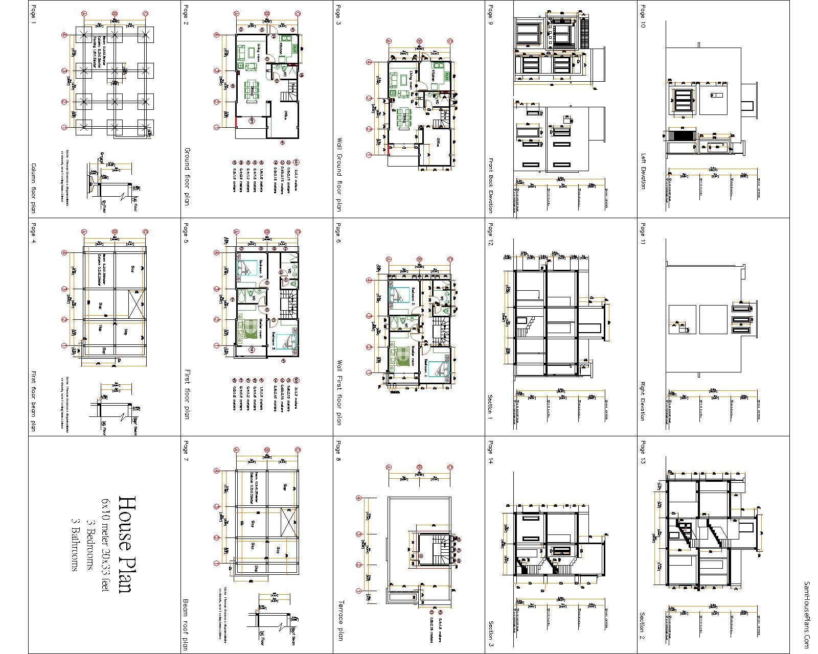 House Plan 6×10 Meter 20×33 Feet 3 Beds 3 Baths Terrace Roof Pdf (A4 Hard Copy)