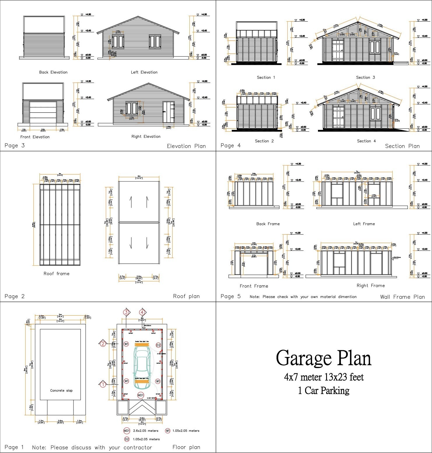 13×23 Feet 4×7 Meter 1 Car Garage Gable Roof Shed Plan PDF Plans (A4 Hard Copy)