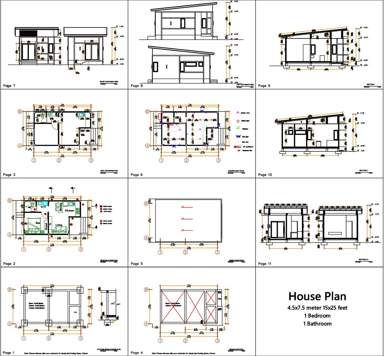 15×25 Feet Small House Plans 4.5×7.5 Meter One Bedroom Shed Roof (A4 Hard Copy)