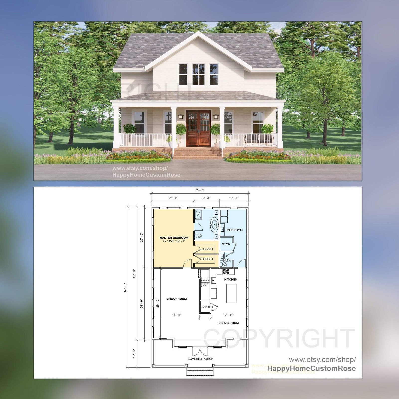 Tall Oak Country Style Farmhouse – Two Story – 4 Bed 4 Bath – 58×35′ – 3480 Squa