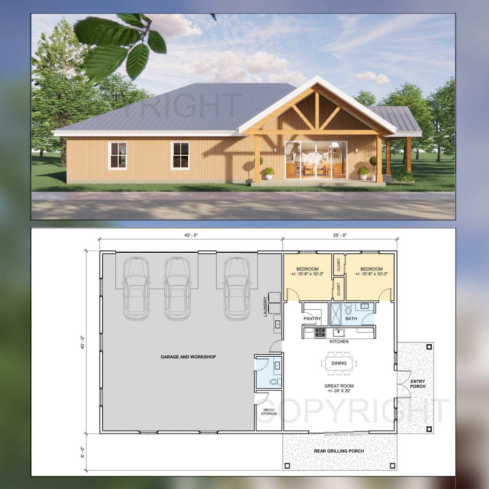 Ozark Compact Homestead Barndominium House Plan Design 65 x 40 – 2 Bed 1.5 Bath