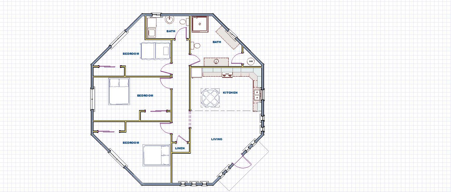 Octagon House Plans 1430 sq.ft. three bedrooms FREE SHIPPING