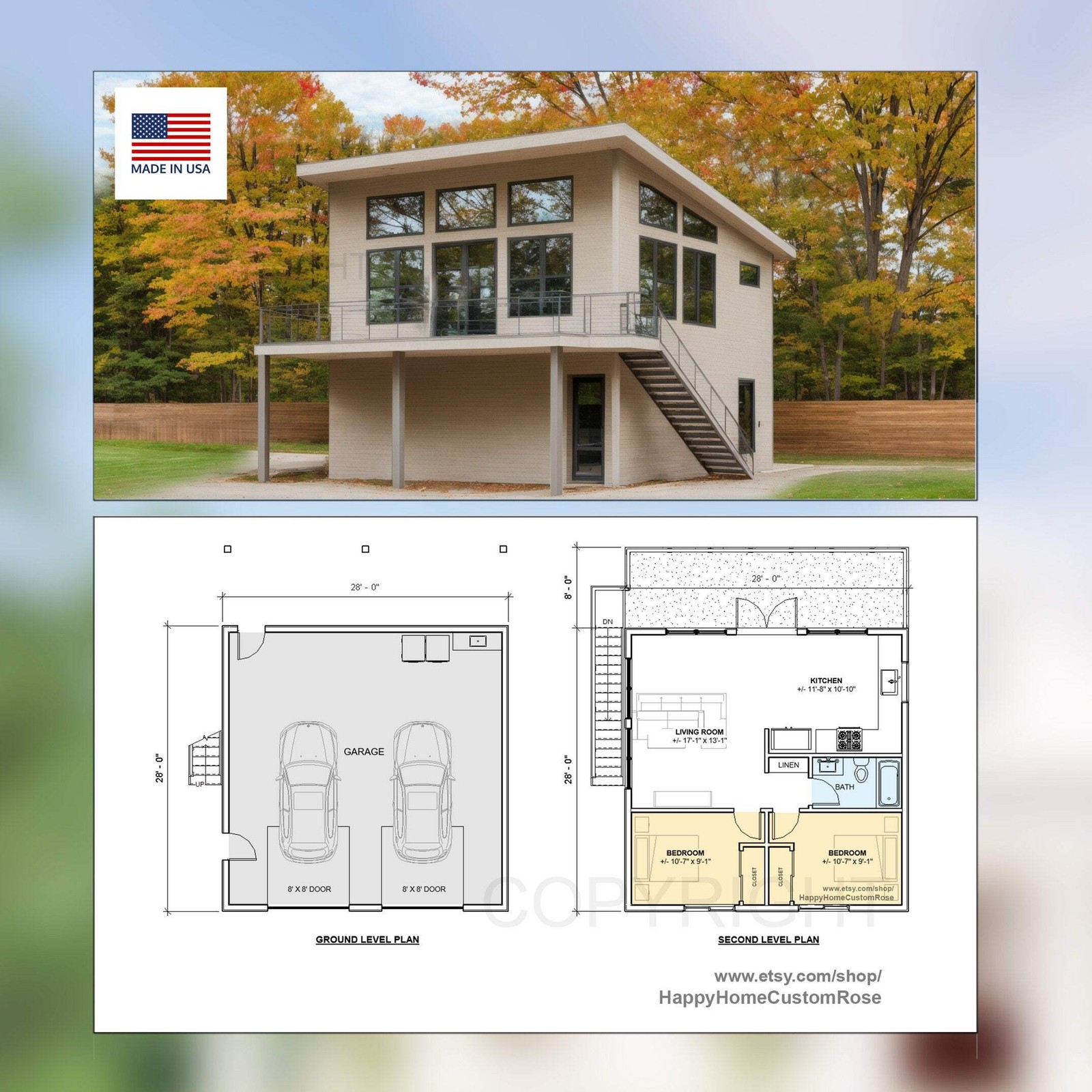 Tall Maple 2 story Detached 28’x28′ Two Car Garage Loft House Plan Design – 2 Be