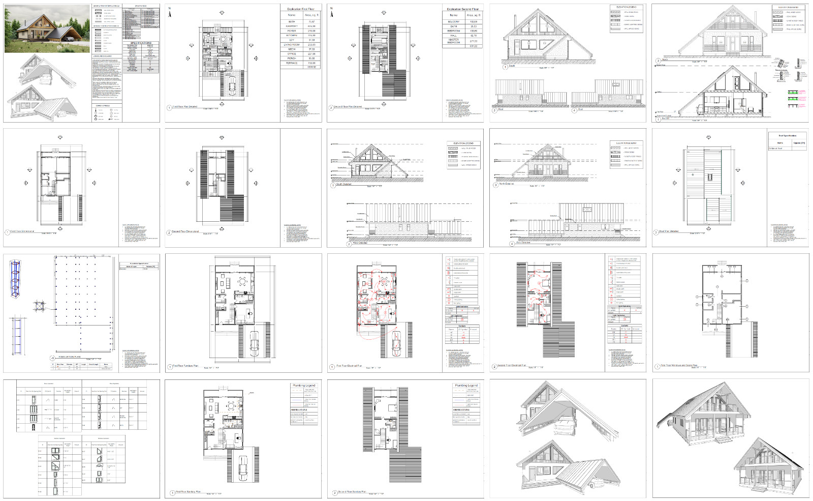 42’x70′ 2 Bed, 2 Bath A-Frame Cabin Architectural Build Plans PDF Download