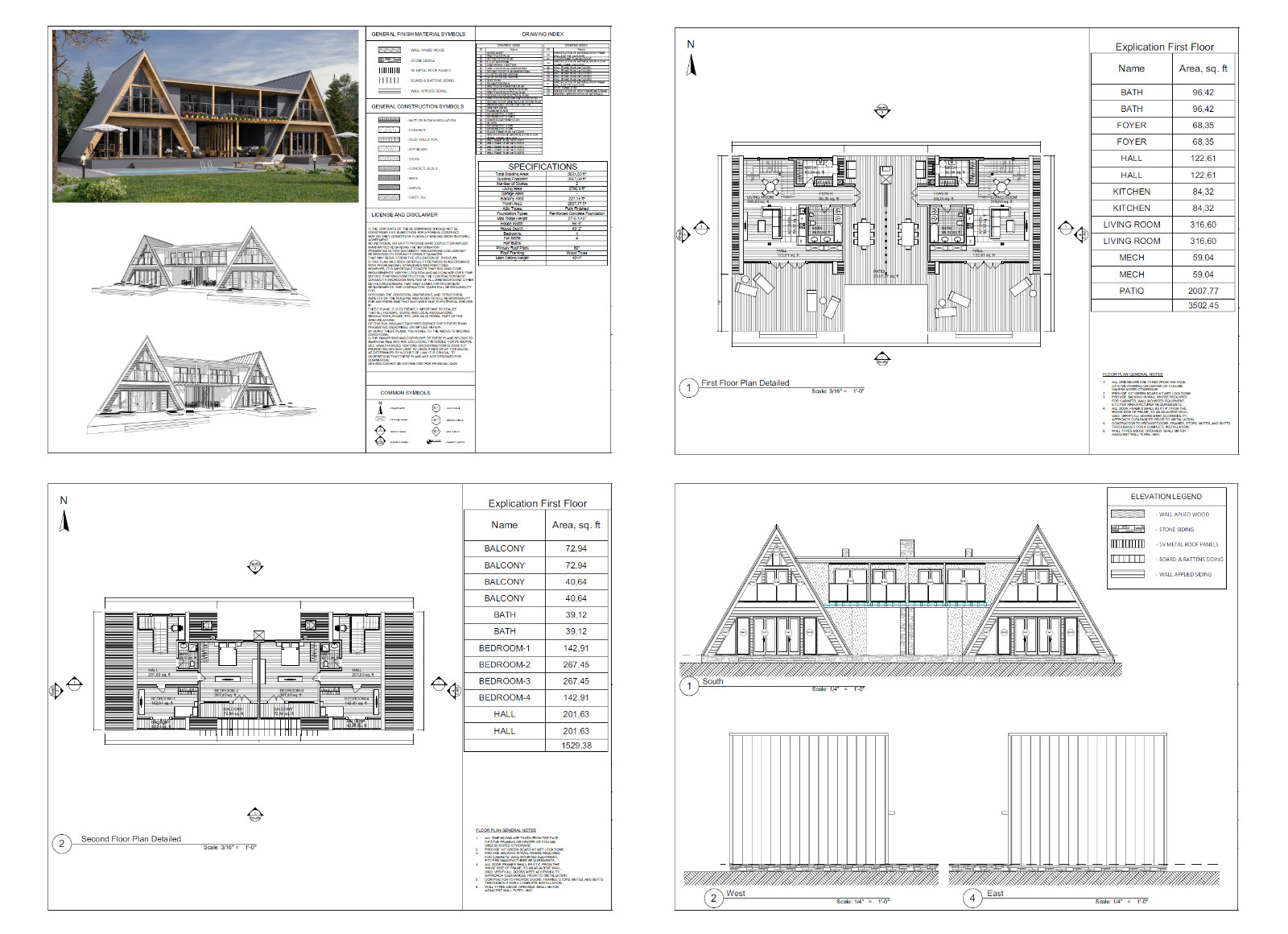 86’x49’ 4 Beds, 4 Baths Double A-Frame House Architecture Plans PDF Download.